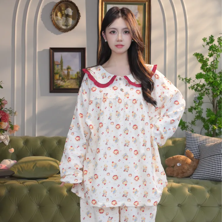 春秋款大码纯棉睡衣女士薄款双层纱卡通印花家居服娃娃领长袖长裤