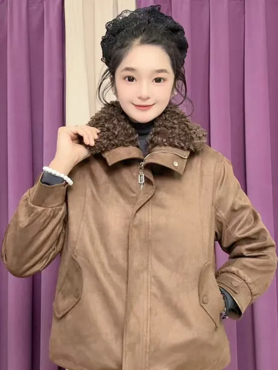 2025牛皮绒加绒加厚款女宽松型短外套直下摆厚款翻领保暖百搭509