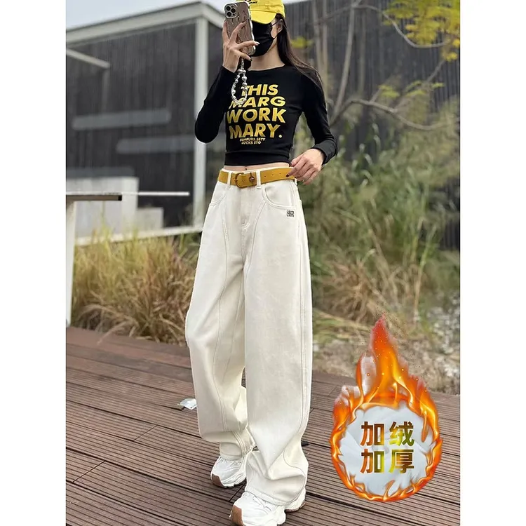 加绒加厚直筒牛仔裤女2025秋冬新款时尚显瘦百搭高腰梨型身材长裤