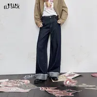 9019【金拐子】妖精的口袋复古深蓝翻边直筒牛仔裤女2025秋季新款