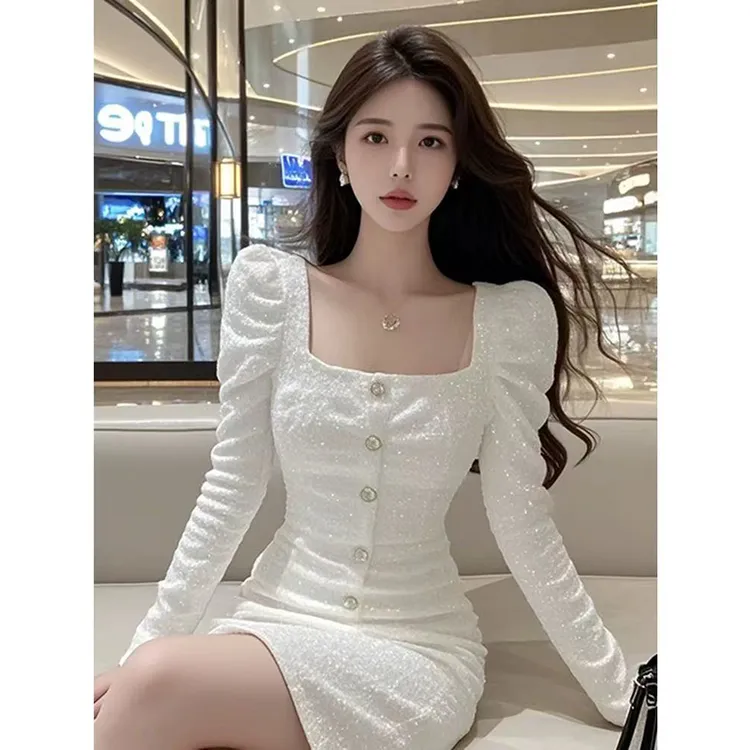 纯欲风气质辣妹方领连衣裙女春季新款时尚名媛修身包臀礼服短裙子