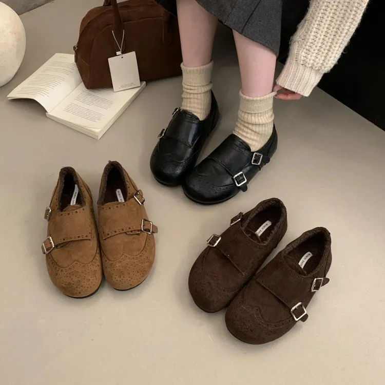 复古绒面小皮鞋乐福单鞋女2025新款冬季加绒内增高毛毛鞋保暖棉鞋