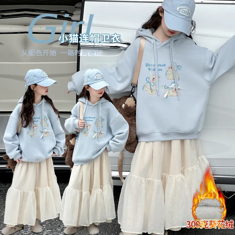 女童加绒加厚连帽卫衣女孩冬装猫咪珍珠卡通休闲套头卫衣韩系绒衫