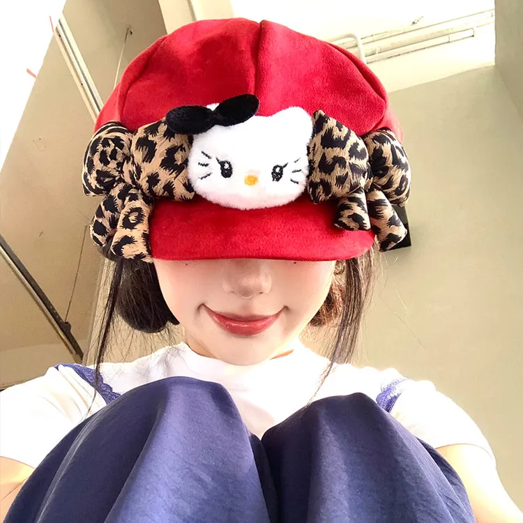 豹纹蝴蝶结Kitty猫贝雷帽女可爱显脸小八角帽大头围红色画家帽子