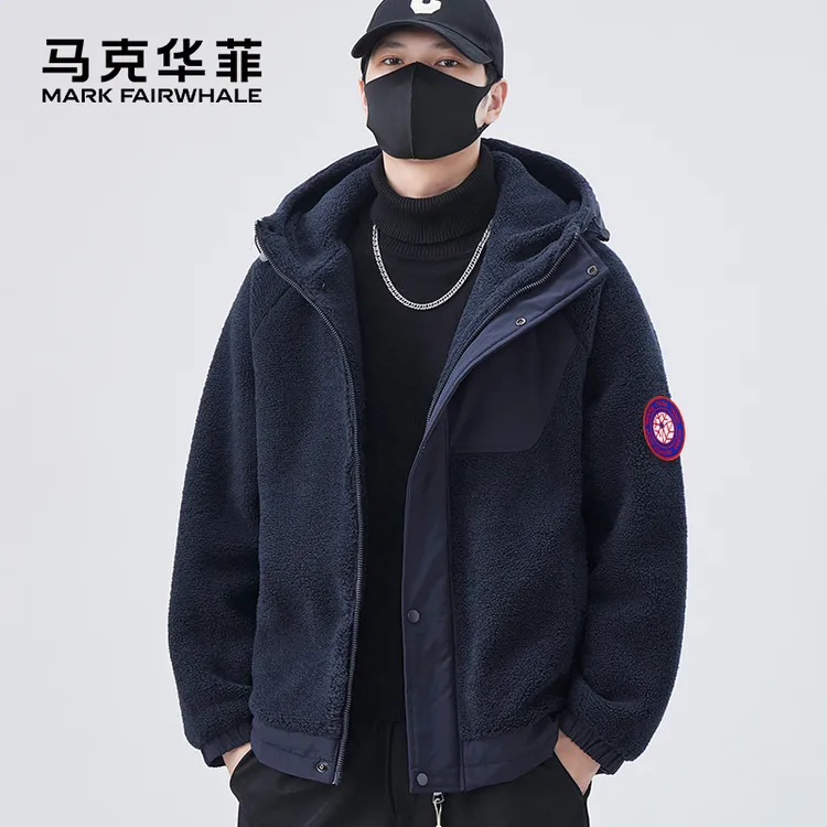 马克华菲拼接连帽外套加棉加厚工装夹克男装情侣立领男时尚百搭