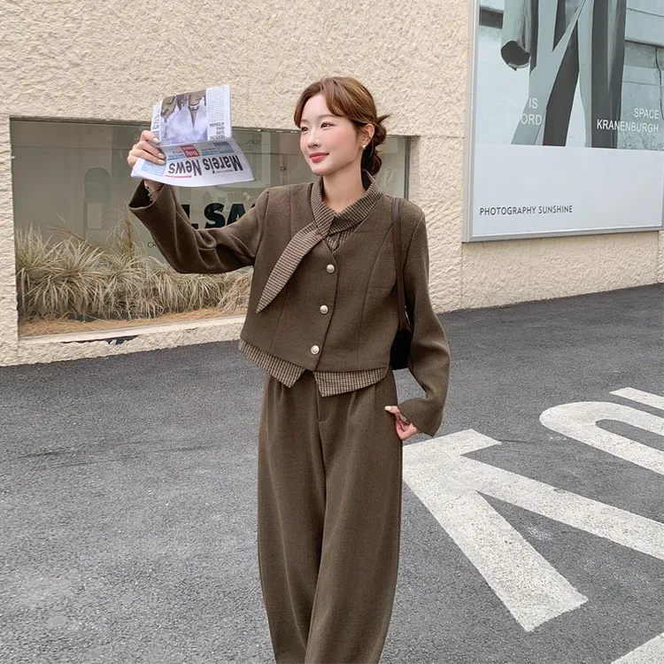 高智感美拉德风夹棉套装裤2025秋冬新款气质韩系ins风极简两件套