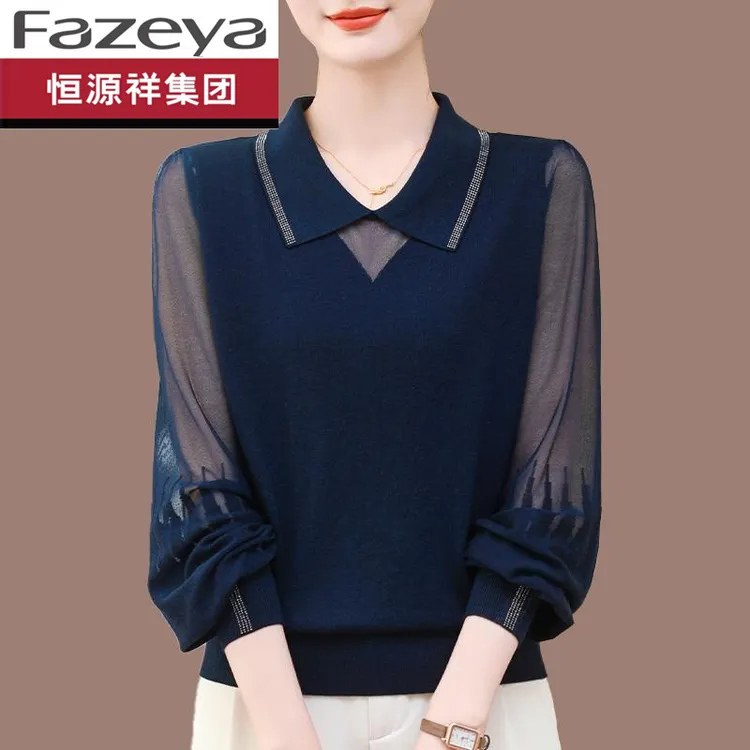 恒源祥集团彩羊时尚长袖t恤女春装上衣妈妈蕾丝拼接翻领针织小