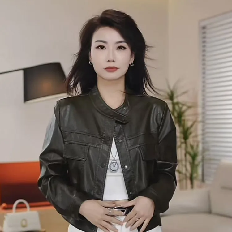 2025秋季复古时尚圆领美拉德机车皮衣外套/植鞣纽扣/气质显白9869