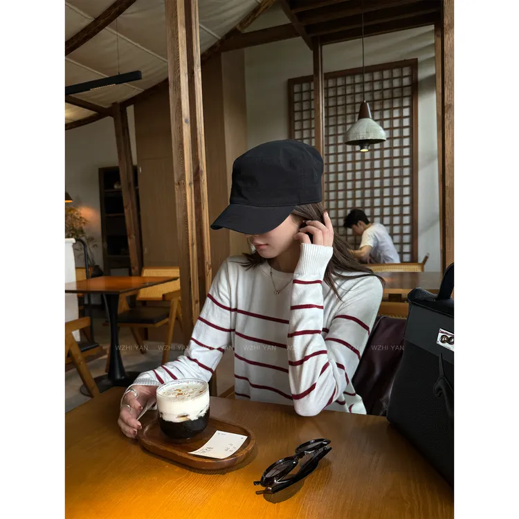【野荆玫】“Y毛衫”经典慵懒撞色红白条纹长袖打底毛衣22059