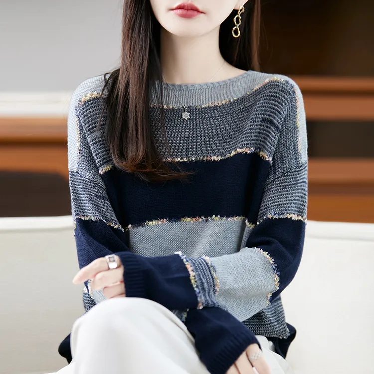 拉夏贝尔复古条纹针织打底衫女2025新款春秋洋气上衣大码显瘦毛衣