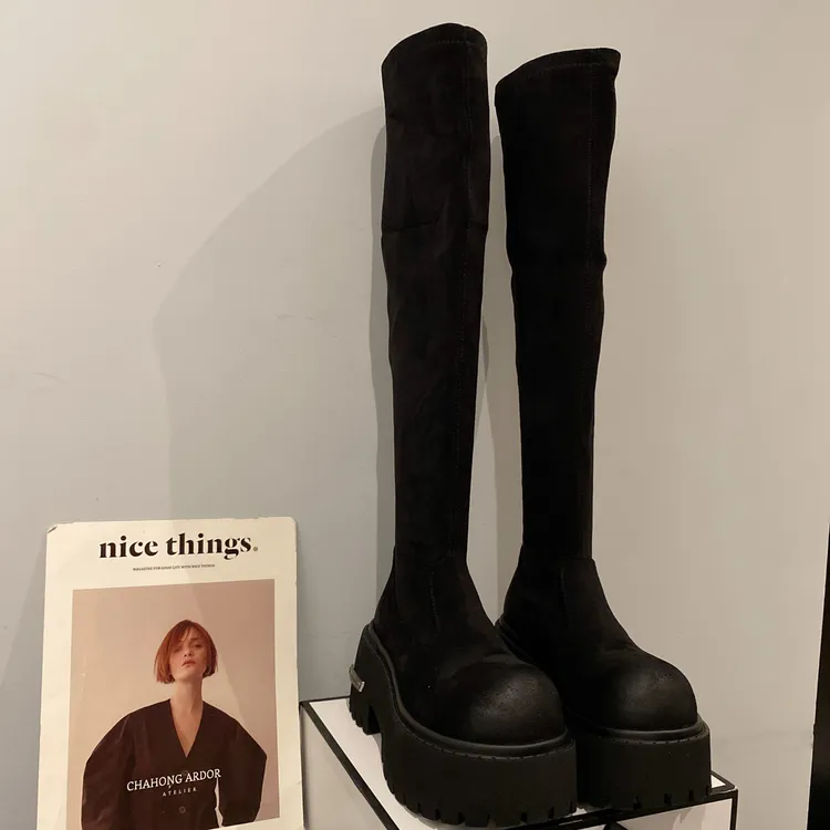 小个子增高厚底过膝长筒靴长靴女2025年新款英伦风绒面套筒时装靴