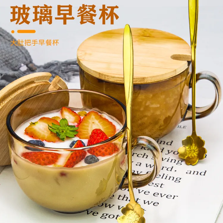 ins风玻璃早餐杯泡茶杯/随手礼高颜值茶水杯子牛奶杯果汁茶色盖子