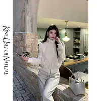 KUN【雾港呢喃】宝藏单品 立体毛毛流苏菱形格纹小立领米白百搭外套