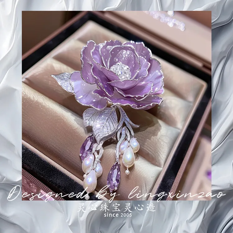 黄铜珐琅胸针 灵心珠宝 原创设计蔷薇花胸针 高端奢华别针配饰