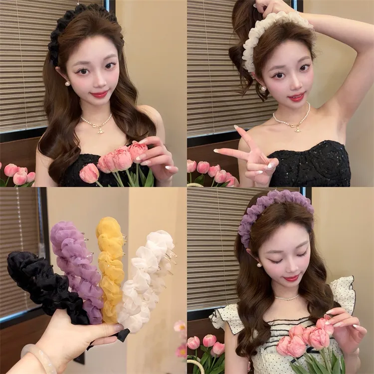 熹金超仙网纱褶皱发箍头饰女春天外出百搭防滑压发头箍发卡头饰