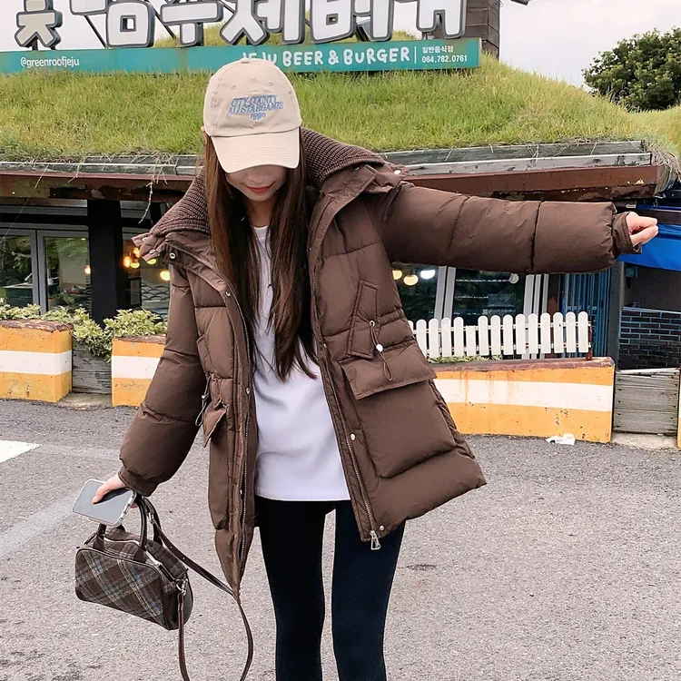 小个子中长款针织领棉衣棉服冬季百搭新款宽松收腰显瘦棉袄厚女