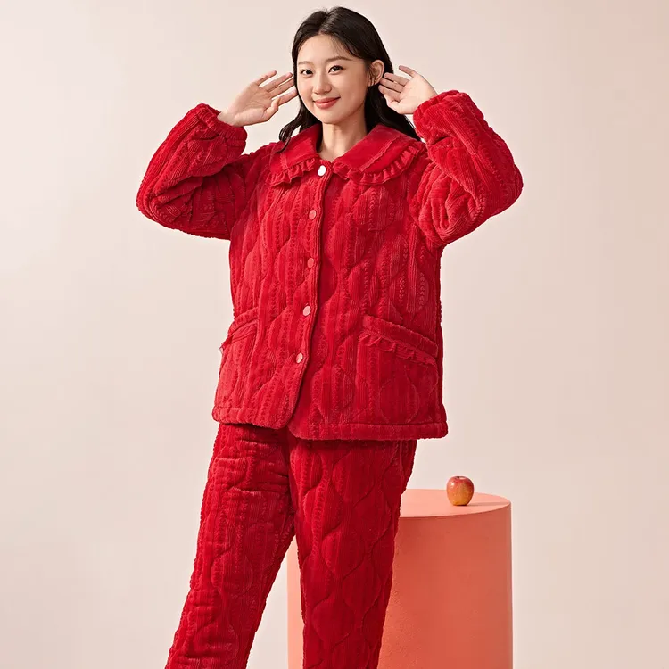 安家女士冬季三层夹棉珊瑚绒加厚加绒保暖大红可外穿家居服睡衣