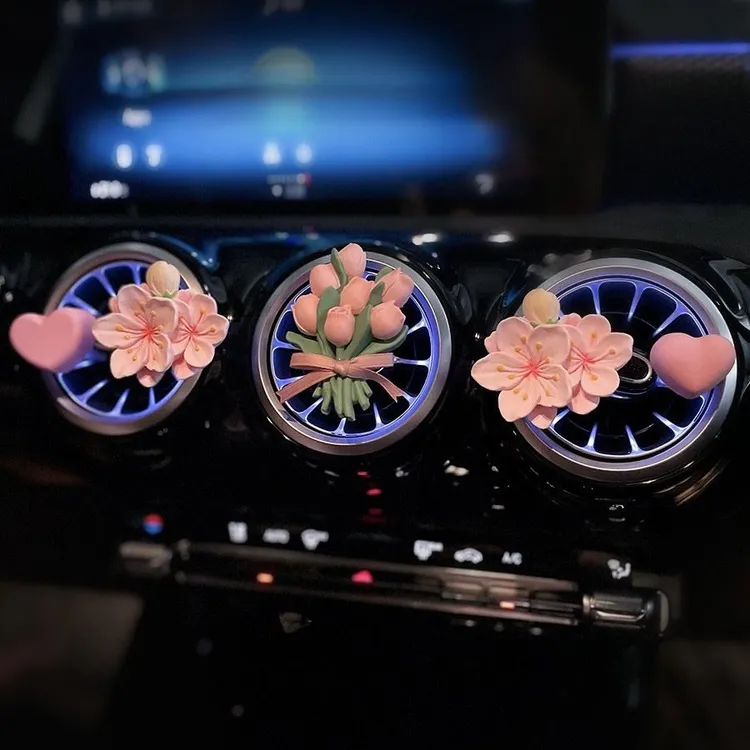 ins粉色系桃花郁金香花朵车载香薰汽车出风口装饰扩香石摆件T317