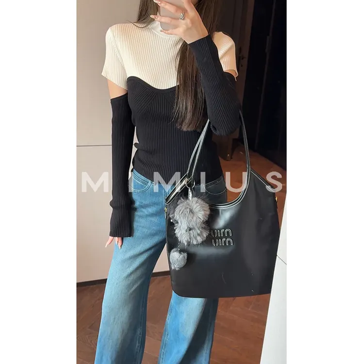 【mimius】P 羊毛混纺高领拼接撞色镂空针织上衣 WG10114