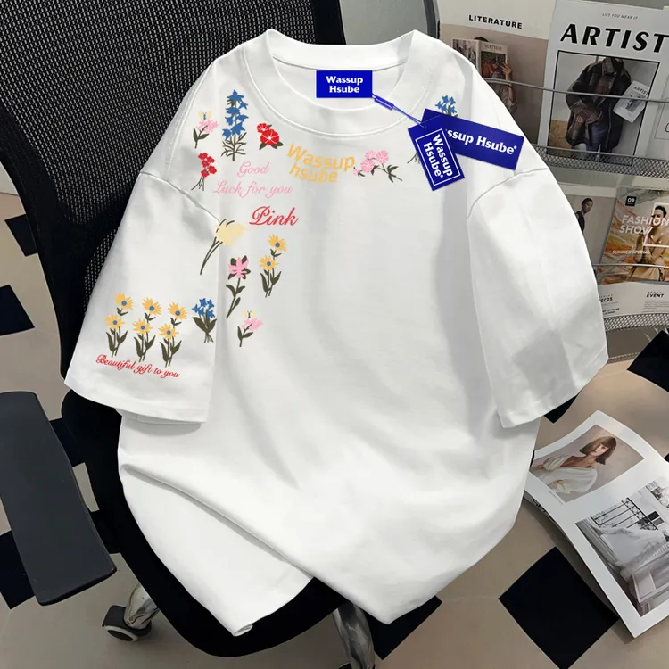 WASSUP HSUBE英文花卉短袖潮牌男女t恤重磅纯棉宽松情侣上衣圆领