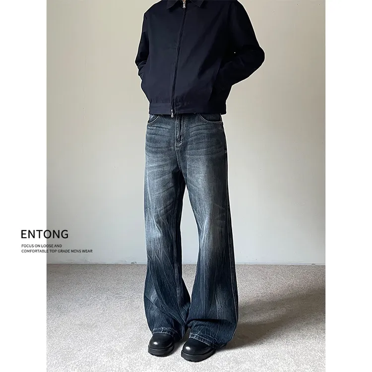 Entong美式水洗vintage微喇牛仔裤男春秋款cleanfit宽松休闲裤子