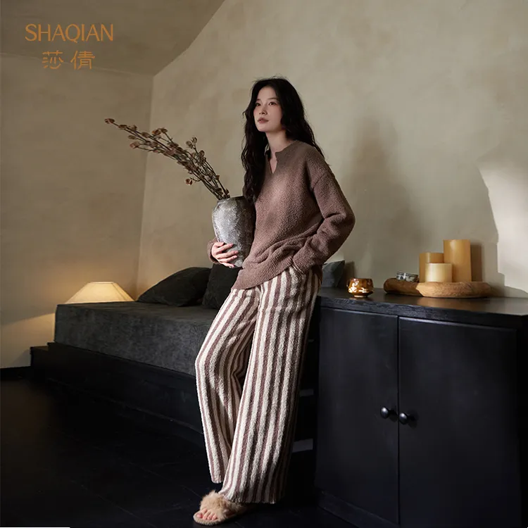 莎倩加厚半边绒新款女士睡衣秋冬季保暖可外穿珊瑚绒家居服套装