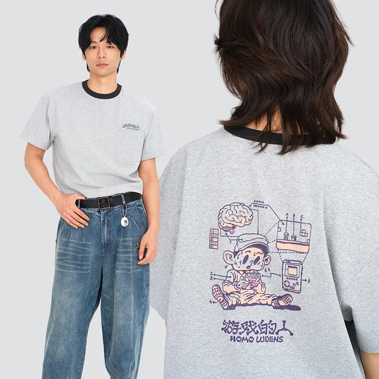 吉考斯工业游戏的人复古撞色领T恤男漫画感肌理印花宽松短袖上衣