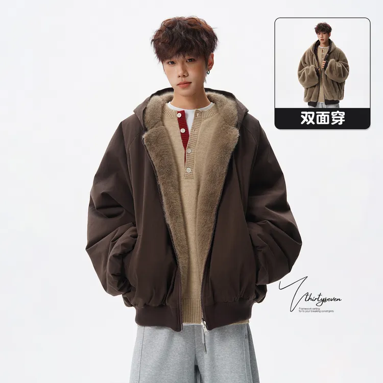 V37美式复古咖色双面穿棉服外套男冬重磅宽松加厚兔毛情侣棉衣