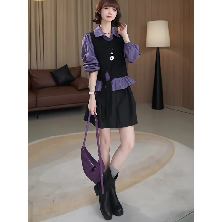 【韩系穿搭】2025新款秋季高级感紫色衬衫叠穿马甲显瘦半身裙套装女