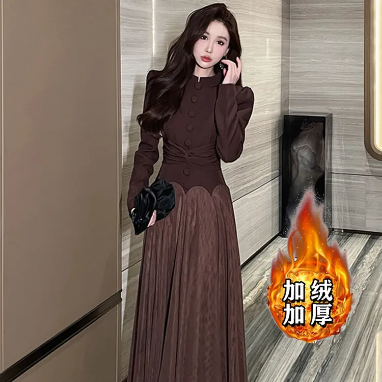 【加绒加厚】气质时尚法式复古连衣裙设计感名媛收腰网纱长裙2653