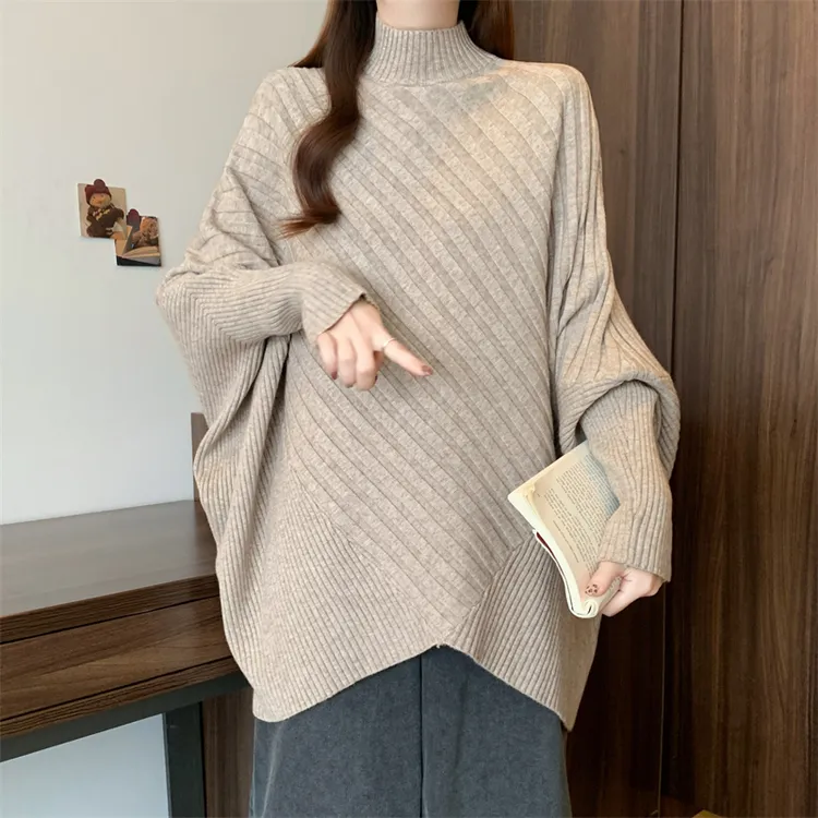 半高领坑条蝙蝠袖针织衫女法式慵懒气质宽松套头毛衣上衣F8-56