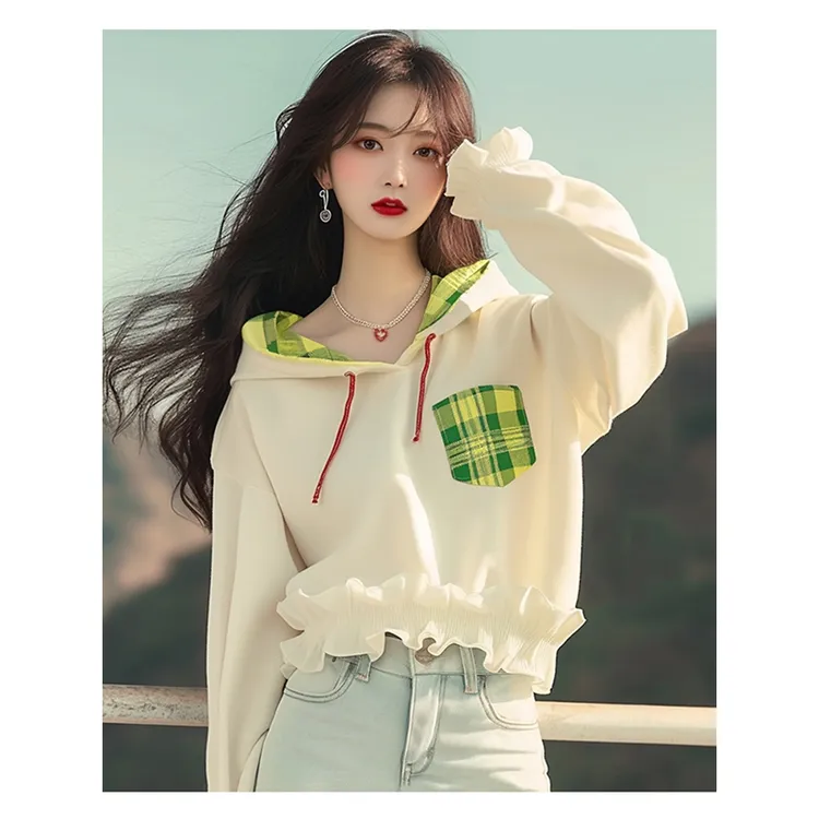 小清新拼接绿色格子连帽卫衣女秋季新款设计感木耳边短款收腰上衣