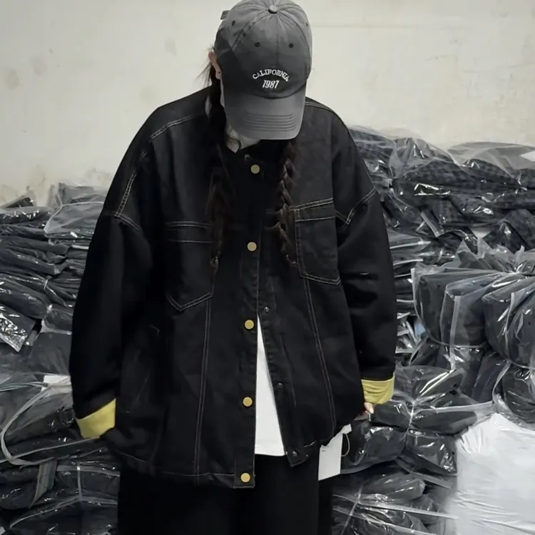 丑笑笑秋冬款韩版宽松大码胖mm慵懒休闲风圆领撞色牛仔棉衣外套