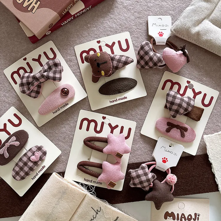 韩版布艺甜美咖粉色儿童蝴蝶结侧边发夹刘海发卡格子星星发绳发饰