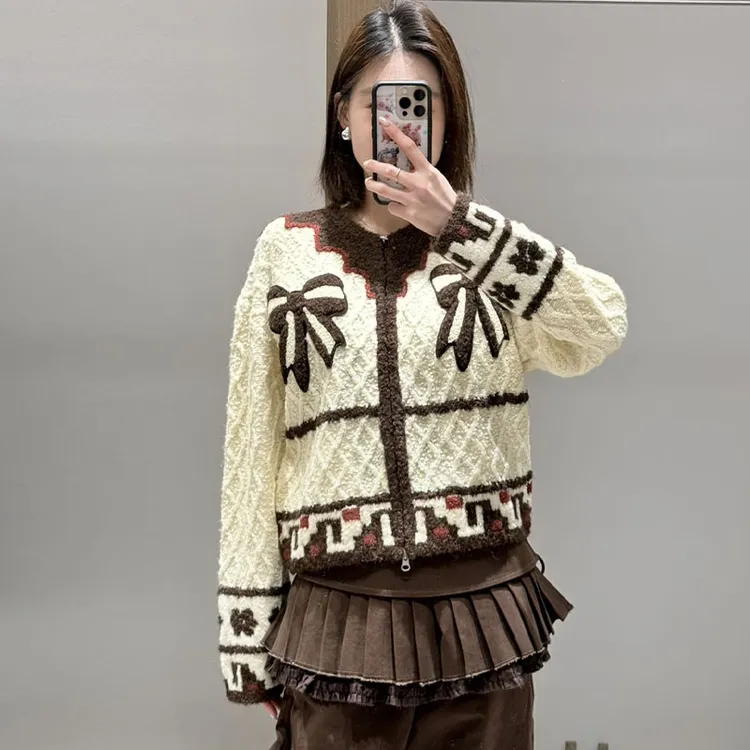 【现货】FORDARE/福蝶26春季设计师新品圆领蝴蝶结贴布开衫秋冬毛衣