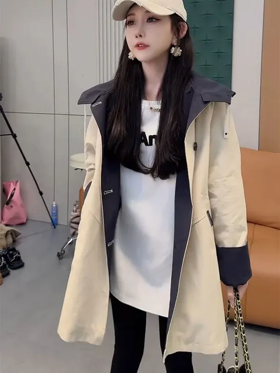 中长款撞色夹棉拼接风衣女2025秋季新款工装韩版设计感洋气外套女