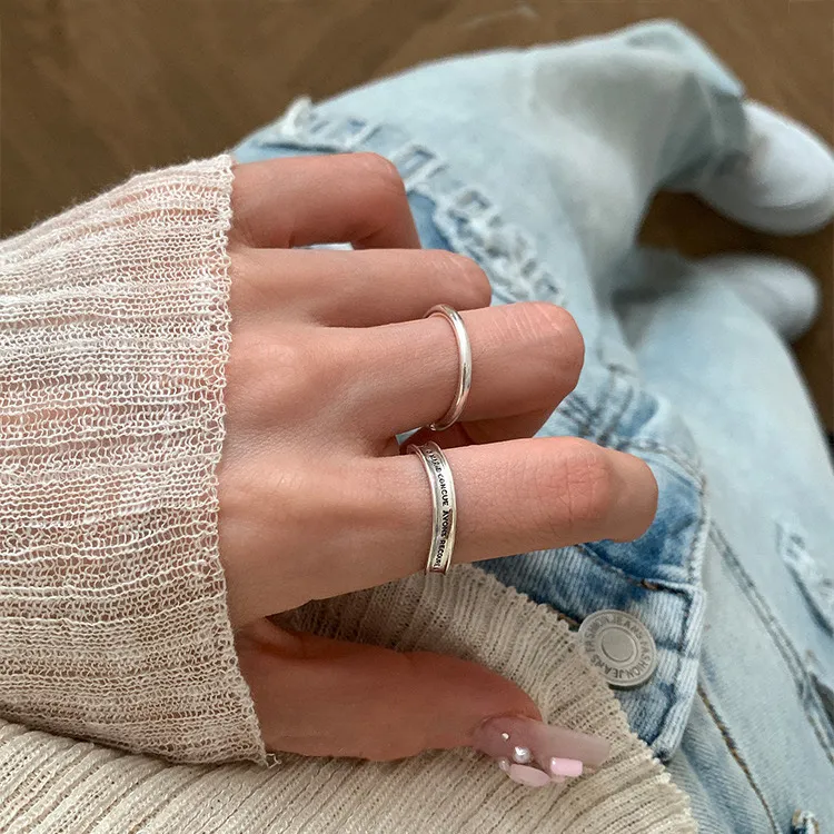 925银戒指 J8195 通体纯银日韩个性简约百搭波浪字母素圈开口戒指