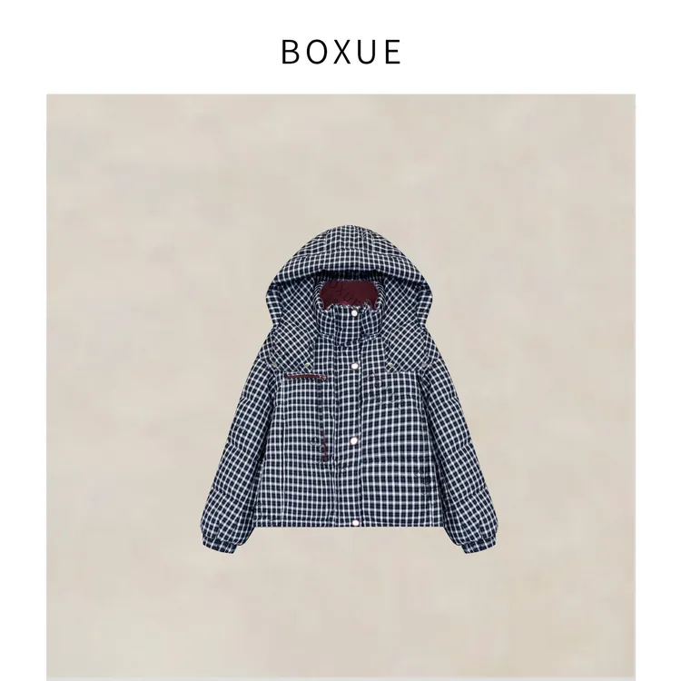 BOXUE“菲林”2025秋冬格子连帽90白鸭绒羽绒服外套#251017YR5745