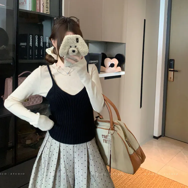 韩女日记~大码秋冬胖mm两件套打底衫长袖上衣+叠穿针织吊带套装