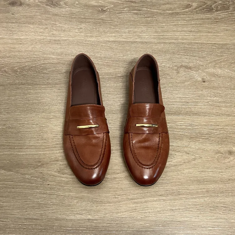 Dannyfrey头层牛皮女夏金属装饰百搭软底不累脚一脚蹬乐福鞋1CM