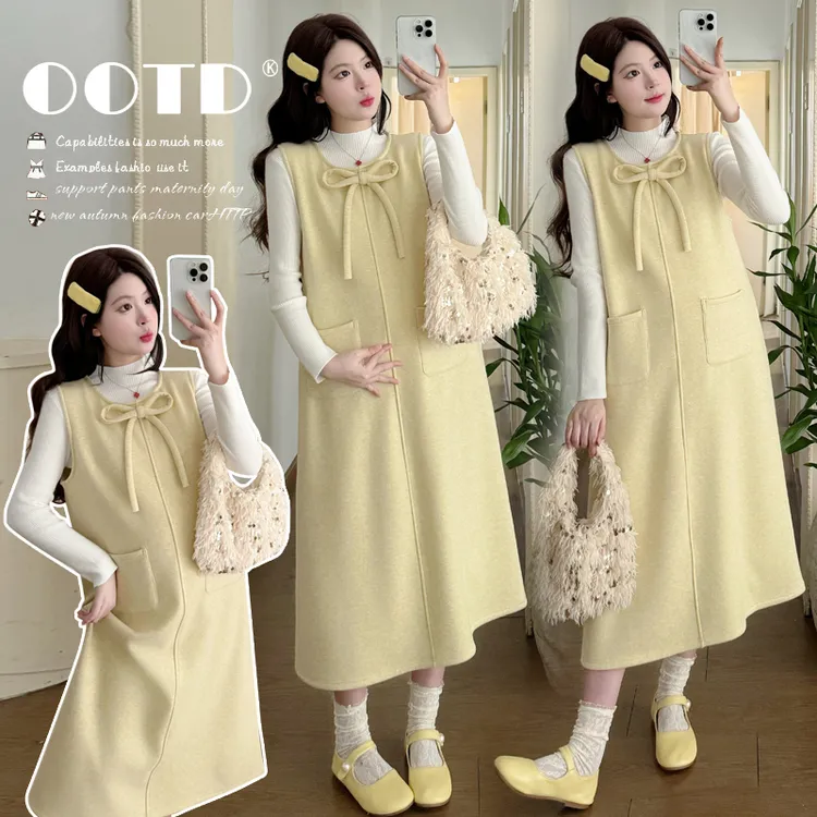 2025新款韩版减龄孕妇秋冬装加绒加厚毛呢弹力背心裙长款套装