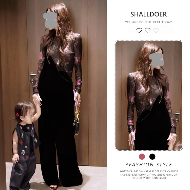 港风复古时尚套装女2025年春秋新款碎花长袖t恤背带阔腿裤两件套