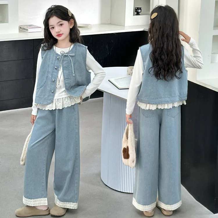 女童套装2025新款秋季韩版网红爆款中大童儿童牛仔马甲三件套秋装