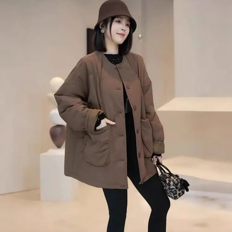 设计感休闲圆领夹棉外套女时尚冬季新款宽松显瘦中长款棉服上衣