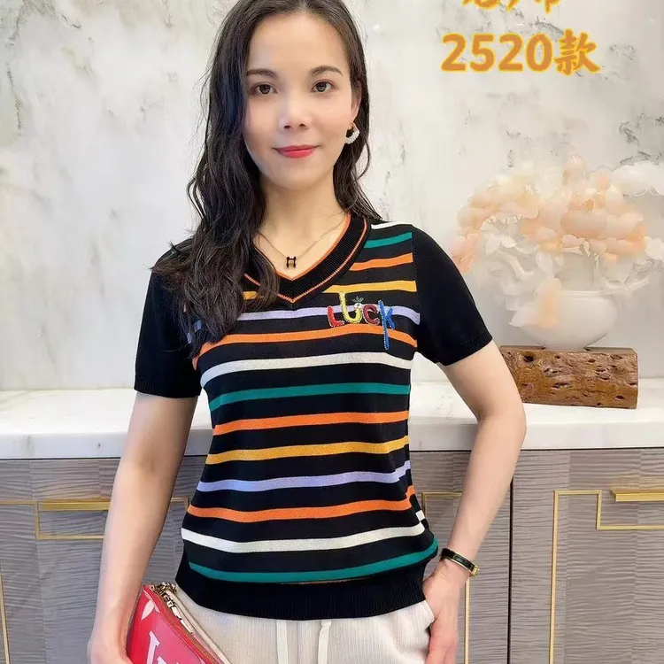 短袖宽松Ⅴ领条纹常规款气质半袖字母耐磨T恤女士V领