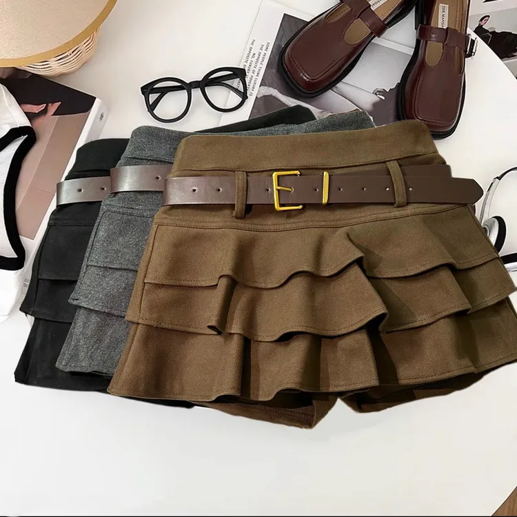 毛呢加厚秋冬设计感时尚高腰显瘦咖色荷叶边A字蛋糕半身短裙女