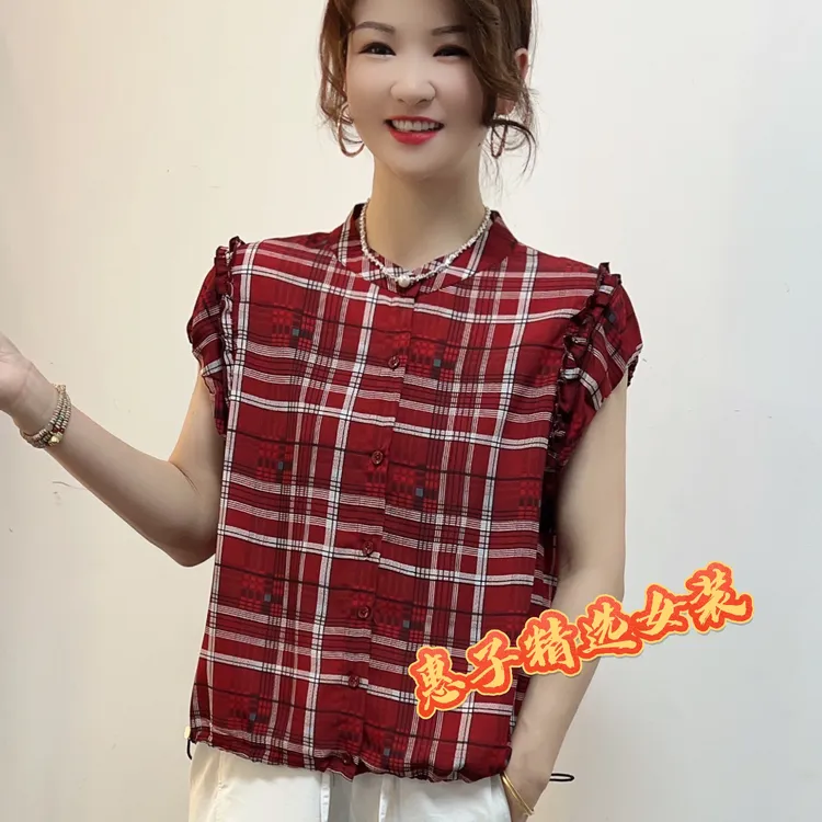 时尚百搭气质女士短袖夏季显瘦格子衬衫洋气减龄复古拼接简约上衣