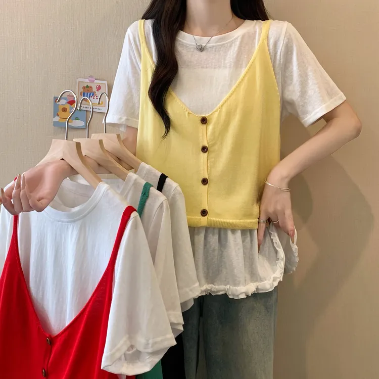 2025年大码女装新款设计感吊带T恤两件套短袖上衣 3192