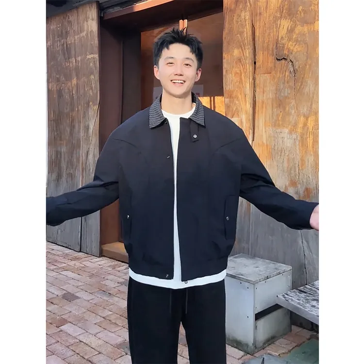美式复古格子拼接外套男款秋季潮牌高街vibe棒球服短款哈灵顿夹克