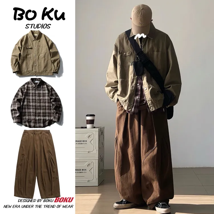 @BOKU三件装/日系工装水洗做旧衬衫夹克男女秋冬百搭休闲宽松外套